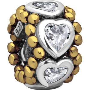 Quiges - 925 - Zilveren - Bedels -Sterling zilver - Beads - 14 Karaat Verguld met Zirkonia Hart Kraal Charm - Geschikt – voor - alle bekende merken - Armband Z400