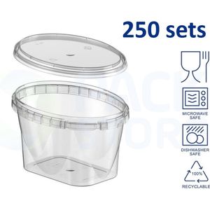 250 x plastic bakjes met deksel - 465 ml - vershoudbakjes - meal prep bakjes - ovaal - transparant - geschikt voor diepvries, magnetron en vaatwasser - Nederlandse producent