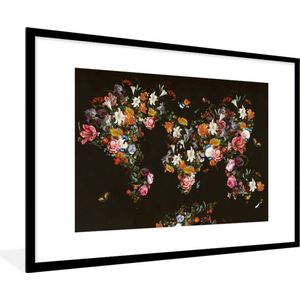 Fotolijst incl. Poster - Wereldkaart - Bloemen - Vlinder - Zwart - 120x80 cm - Posterlijst