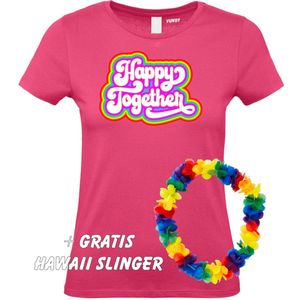 Dames T-shirt Happy Together Regenboog | Love for all | Gay Pride | Regenboog LHBTI | Fuchsia dames | maat M