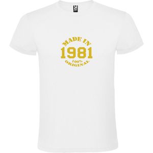 Wit T-Shirt met “Made in 1981 / 100% Original “ Afbeelding Goud Size XS