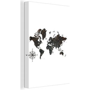 Wanddecoratie Wereldkaart - Brons - Kompas - Canvas - 60x90 cm