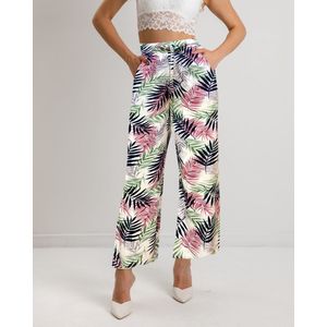 Dames Lange Culotte | Wijde Zomer Broeken | Wide-leg Trousers Palmblad | Wit | Maat 38