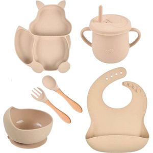 Goodston - Kinderservies set - Beige - ontbijt set - baby servies - 6delig - kinderbord - siliconen - baby en peuter - Onbreekbaar en zuignap - Kinderservies - Eekhoorn bordje - cadeau