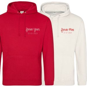 Hoodie set koppel - Valentijns cadeau voor hem en haar - Forever yours Forever mine - Gepersonaliseerd met liefdes datum - Rood - Wit - Maat S