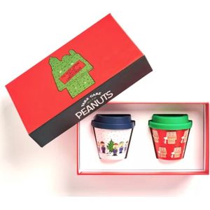 Quy Cup GIFT BOX Snoopy Peanuts Collection “Christmas #5” (set van 2) - 90ml Ecologische Reis Beker - Espressokopjes met siliconen deksel