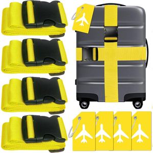 Kofferriemen, 4 stuks, kofferband met siliconen kofferhanger, opvallende bagageriem, verstelbare kofferband met adresplaatje voor het markeren van koffer (4 geel)