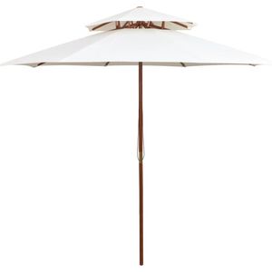 <p>Deze elegante houten parasol is de perfecte keuze om schaduw te creëren en je te beschermen tegen schadelijke uv-stralen tijdens het lezen of drinken van koffie met je familie of vrienden op je terras of in de tuin.</p>
<p>De parasol kan makkelijk geopend en gesloten worden en het parasoldoek is gemaakt van uv-bestendig en kleurvast polyester.</p>
<p>De sterke hardhouten paal in prachtige teak-kleur, in combinatie met de 8 stevige balken, dragen bij aan de stabiliteit van de parasol.</p>
<p>Dit maakt de parasol erg duurzaam en geschikt voor jarenlang gebruik. Daarnaast zorgt de dubbeldekkerconstructie voor luchtcirculatie op warme dagen.</p>
<ul>
  <li>Kleur parasoldoek: crèmewit</li>
  <li>Materiaal frame: hardhout</li>
  <li>Met 8 gelamineerde bamboebalken en hardhouten trekkers</li>
  <li>Afmetingen parasoldoek: 270 x 270 cm (B x L)</li>
  <li>Diameter paal: 38 mm</li>
  <li>Hoogte: 2,59 m</li>
  <li>Met ventilatie</li>
  <li>Met dubbeldekker luifel</li>
  <li>Enkelvoudig katrolsysteem</li>
  <li>Materiaal: Polyester: 100%</li>
</ul>