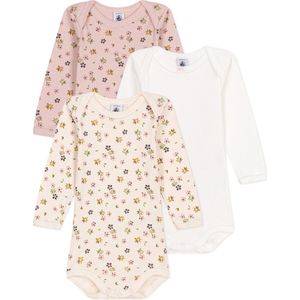 Petit Bateau Set van 3 katoenen babybody's met lange mouwen met bloemenprint Meisjes Rompertje - Maat 62