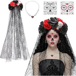Titel: Rode Halloween sluier - Zwarte Halloween dameskostuum sluier