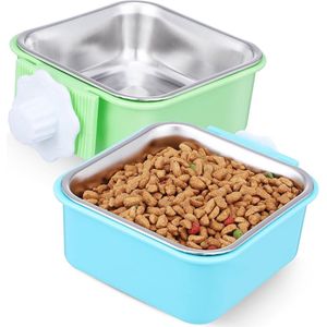 2 stuks - Hangende voerbak voor huisdierenkooi - Voerbak voor huisdieren - 2-in-1 waterbak - verstelbaar - verwijderbare - dubbel ontwerp van roestvrij staal - voor honden puppy, kat, konijn, cavia, egel, vogel - groen en blauw
