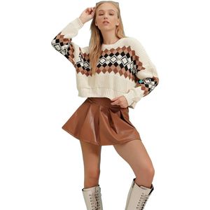 Trend Alaçatı Stili Beige Cropped Damessweater Met Ronde Hals En Ronde Hals Alc-X9272