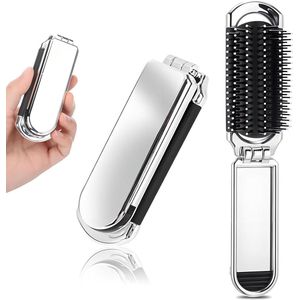Allecto Plus - Klapborstel voor op reis met spiegel en mini-haarkammen - Draagbare zilveren haarstylingkam
