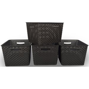 Set van 4 Zwarte Gevlochten Opbergboxen | 17L, 100% Gerecycled Plastic | 35cm x 22cm x 29cm | Ideaal voor Speelgoed, Kleding en Huishoudelijke Organisatie