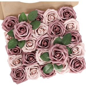 Kunstbloemen, 25 stuks echte rozenblaadjes met steel voor doe-het-zelf bruiloftsboeketten, bruidsfeesten, bloemstukken, feesttafels, woondecoraties (warm taupe en nude)