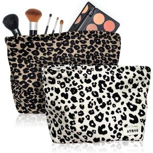 Allecto plus - Set van 2 luipaardpatroon make-uptassen met ritssluiting in beige en bruin