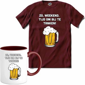 Zo weekend, bijtanken! - Bier kleding cadeau - bierpakket kado idee - grappige bierglazen drank feest teksten en zinnen - T-Shirt met mok - Dames - Burgundy - Maat XXL