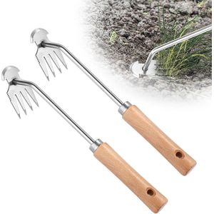 Upgrade Derooting Weed Puller - Manual Weed Tool with 4 Teeth - Wooden Handle - Portable Handwieders for Gardening Farm Garden