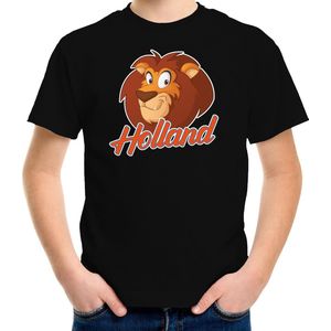 Zwarte Holland fan t-shirt voor kinderen - cartoon leeuw - / Nederland supporter - Koningsdag / EK / WK shirt / outfit 122/128