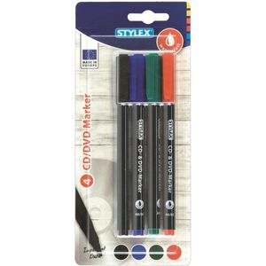 Stylex CD/DVD Markers - 4 Stiften in de Kleuren Rood / Groen / Blauw / Zwart