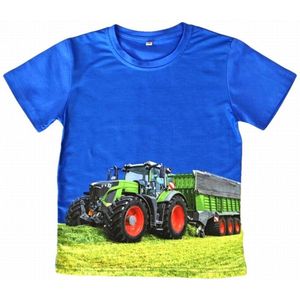 T-shirt met tractor + trailer, groene trekker Fendt, kobalt blauw, full colour print, kids, kinder, maat 92, stoer, mooie kwaliteit!