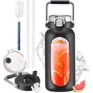 Motiverende Glazen Waterfles met Rietje en Tijdmarkering - 2,5L Waterkruik met Siliconen Hoes en Roestvrijstalen Handvat