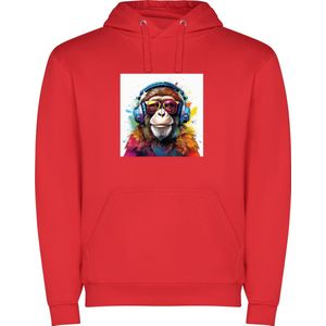Rode unisex hoodie met “ Kleurrijke Aap met koptelefoon“ Print Full merk Roly maat XL