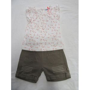 Noukie's - Ensemble - Meisje - T shirt ecru met roze sterren + bruin shortje -18 maand 86