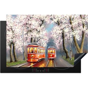 KitchenYeah® Inductie beschermer 81x52 cm - Schilderij - Olieverf - Tram - Bloesemboom - Kookplaataccessoires - Afdekplaat voor kookplaat - Inductiebeschermer - Inductiemat - Inductieplaat mat