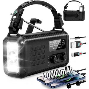 Noodradio Opwindbaar en Batterij - Zaklamp Opwindbaar - Powerbank Zonneenergie 20000 mah - Transistor Radio op Batterijen voor Rampen - Noodradio Solar Opwindbaar - Noodpakket voor Thuis - Powerbank - Zwart