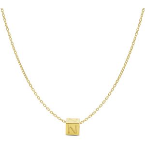 New Bling 9NBG-909N Gouden Letterhanger met Ketting - Letter N - Kubus - 4x4x4mm - Ankerschakel - 0,9 mm Breed - Lengte 38+4+3cm - 14 Karaat - Geelgoud