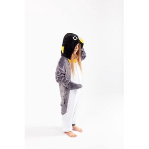 KIMU Onesie Grijze Pinguin Pak - Maat 152-158 - Pinguinpak Kostuum Grijs - Kinder Zacht Huispak Dierenpak Jumpsuit Pyjama Jongen Meisje Festival