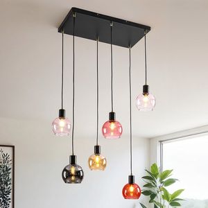 6-lichts hanglamp zwart met smoke, amber en roze glas - Minot