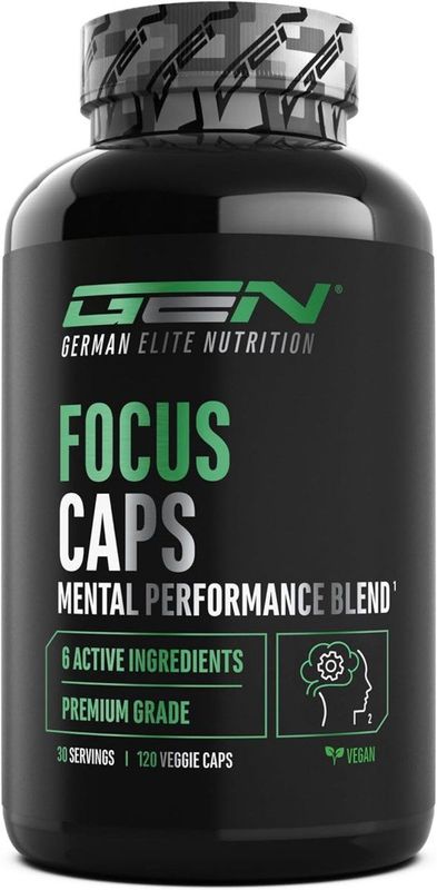 GEN Focus Caps - 120 Capsules - Mentale Prestatie Mix met L-Theanine, Groene Thee, Guarana, Citrus Aurantium Extract Cafeïne, D-Glucuronolacton - Hoge Dosis, Veganistisch