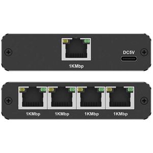 Qoltec Netwerksplitter 1 x 4 poort RJ45 | 1000Mbps (1 Gbit/s) | USB-C | Aluminium