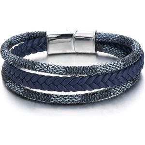 Drie strengen marineblauw gevlochten leer katoen touw armband zweetband roestvrij staal magneetsluiting - Heren Dames.