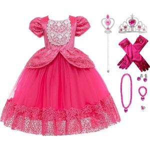 Prinsessenjurk meisje - Verkleedjurk - maat 146/152 (150) + Kroon - Toverstaf - Juwelen - Handschoenen - Verjaardag - Kleed - Cadeau - Speelgoed