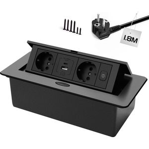 StayPowered Inschuifbaar Stopcontact - Slim en Ruimtebesparend - 2 Stopcontacten - USB-A en USB-C Poorten - PD 20W Snellader - 1,8m Kabel - Vlamvertragend Materiaal - Eenvoudig Bediening met Schakelaar - Zwart - Levering Sneller dan Aangegeven!