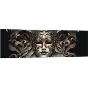 Vlag - Wit Venetiaanse carnavals Masker met Blauwe en Gouden Details tegen Zwarte Achtergrond - 150x50 cm Foto op Polyester Vlag