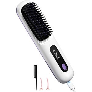Hot Air Brush Negative Ion Straightener - 20s Fast Heating Ceramic & Anti-Burns Design for All Hair Types - USB Rechargeable