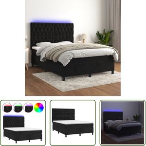 The Living Store Boxspring fluweel 140x200 - verstelbaar hoofdbord - LED verlichting - pocketvering matras - huidvriendelijk topmatras - zwart