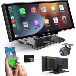 MasonPro Carplay Scherm – Apple Carplay – Android Auto - Navigatiesysteem Auto – Carplay Apple – Carplay Android – Car Play – Draadloos – Universeel – Incl. Achteruitrijcamera – Incl. 64GB SD – Touchscreen – 10 Inch – Zwart