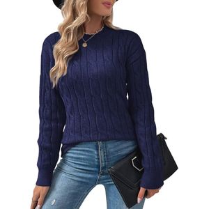Niwicee Gebreide damestrui, grof gebreid, ronde hals, lange mouwen, casual, effen, Cable Knit
