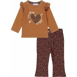 Dirkje - Kledingset - Meisjes - 2delig - Broek Smokey Pink met panterprint - Shirt Camel bruin met hart met panterprint - Maat 80