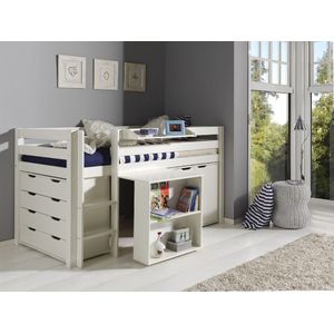 LUCEVI - Pino Halfhoogslaper + Ladder + Bureau + Commode 4 laden + Hangplank + Commode 2 deuren - Wit - 90x200 cm
