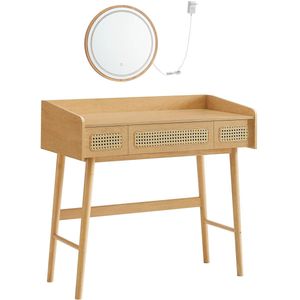 J-Mart Kaptafel met Spiegel - Make Up Tafel - Spiegel met LED Verlichting - 3 Lades - Beige / Eiken Hout - 43 x 90 x 82 cm
