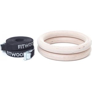 FitWood Gymnastiek Ringen Zwarte banden Weiße Seile – Houten Turnringen met Verstelbare Banden (5m) – Voor Optrekken, Dips & Calisthenics – Belastbaar tot 150 kg – Wit of Onbehandeld Hout
