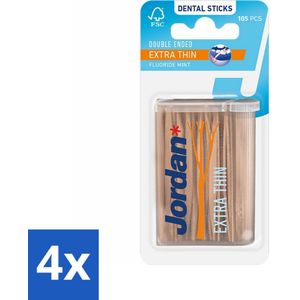 4 x Jordan Tandenstokers Double Ended Extra Thin 105 stuks per verpakking - Tandenstokers - Interdentale Reiniging - Tandenplak Verwijderen - Fluoride Tandenstokers - Mintsmaak Tandenstokers