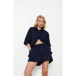 Dames linnen set Nia-donkerblauw-overhemd met korte mouwen-shorts met elastische band en zakken-maat S