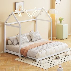 Gutent Uitschuifbaar Kinderbed, Wit (Zonder matras), bedbank 90/180 x 190 cm, huisstijl, massief houten bedframe, eenpersoonsbed met lattenbodem, logeerbed